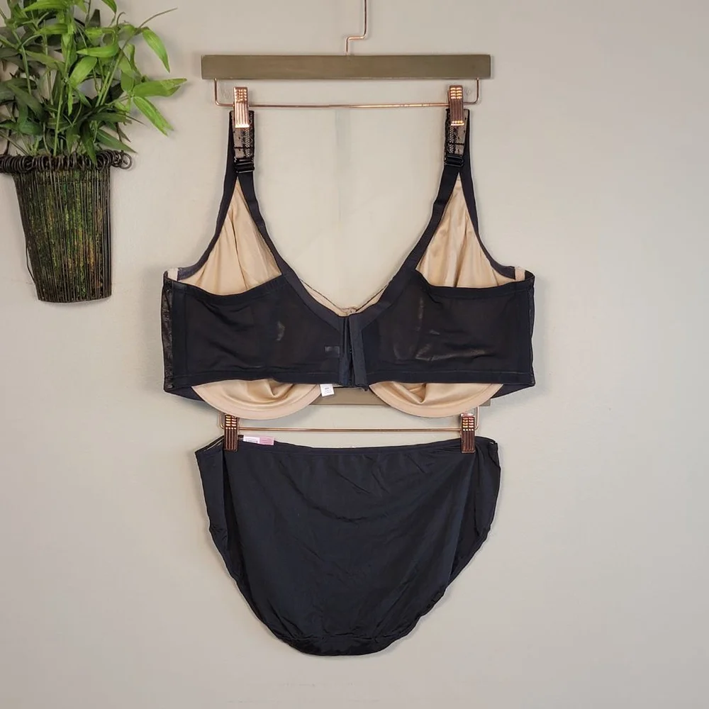 Cacique Unlined Full Coverage Black Lace Bra No Show Hipster Panties Set 46G - Picture 10 of 13